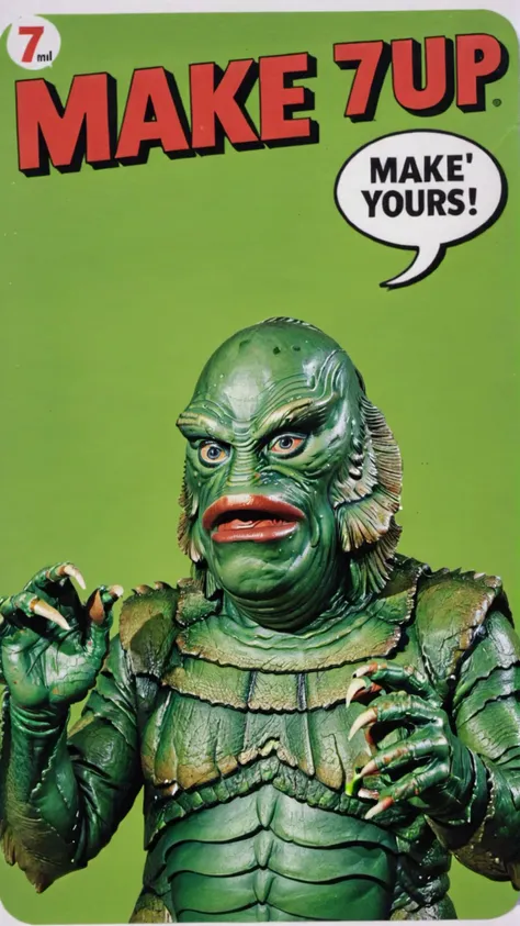 Photo of GRUMPY OLD MAN with TEXT BUBBLE that says "make 7 up yours" <lora:Gill-man_Retro_Swamp_Monster_SDXL:0.8> Gill_man