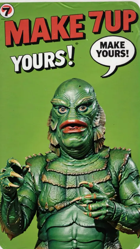 Photo of GRUMPY OLD MAN with TEXT BUBBLE that says "make 7 up yours" <lora:Gill-man_Retro_Swamp_Monster_SDXL:0.8> Gill_man