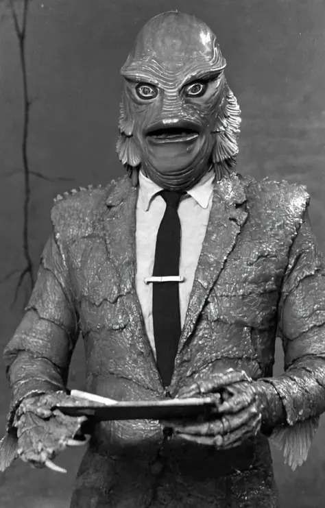 found footage, vhs screengrab, vhs glitches, still frame from a slasher B movie, cult film, (Gill_man:1.15) as a 1950s tax colector wearing a casual business suit and thick frame glasses, holding a clipboard and coming for your moneys, (charming light:1.15), Retro Look, Cult Films, often for cult following, quirky details, underground cinema <lora:Gill-man_Retro_Swamp_Monster_SDXL:1>