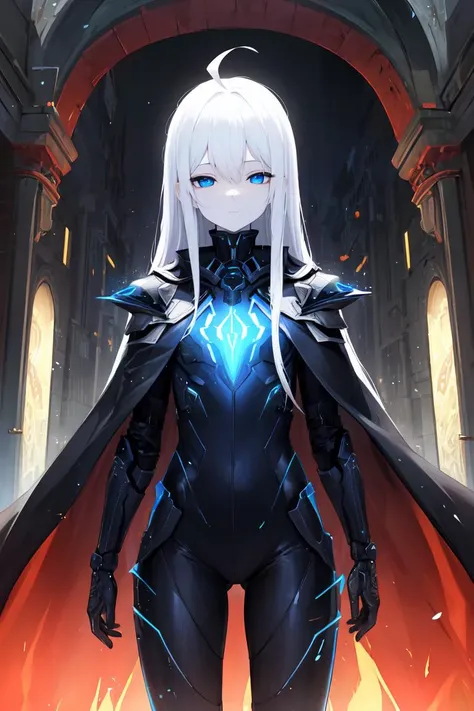 (masterpiece:1.2), best quality, (highres:1.2), (incredibly absurdres:1.4), (extremely detailed face:1.4), high contrast, 1girl, solo, expressionless eyes, pale skin, white hair, (absurdly long hair:1.2), ahoge, blue eyes, flat chest, otherworldly atmosphere, bodysuit, armored, futuristic vest, half-closed eyes, (cowboy shot:1.2), dystopian, glow, blue magic, standing, destruction, giant gate, portal, otherworldy technology, long coat, blue energy, aura, powerful, (cloak:1.3)