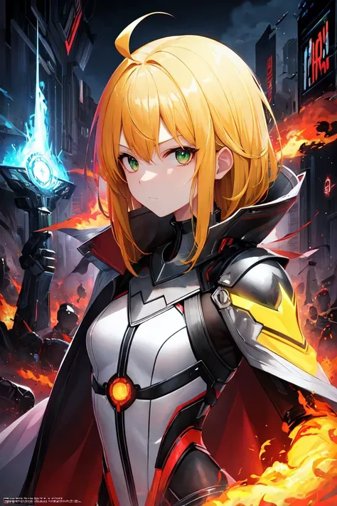 (masterpiece:1.2), best quality, (highres:1.2), (incredibly absurdres:1.4), (extremely detailed face:1.4), high contrast, 1girl, solo, expressionless eyes, yellow hair, medium hair, ahoge, green eyes, small breasts, otherworldly atmosphere, white bodysuit, armored, futuristic vest, serious expression, dystopian, glow, red magic, standing, destruction, giant gate, portal, otherworldy technology, long coat, red energy, aura, powerful, cloak, flames, ( poster:1.2), (long bangs:1.2)