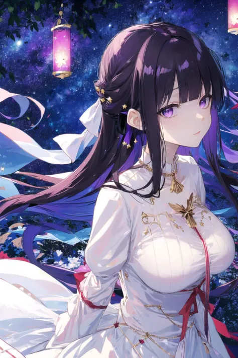 masterpiece, best quality, novel illustration, 1girl, mature female,, tall female, kafka_hi3, long hair, purple eyes, solo, huge breasts, black hair, dress, bangs, long sleeves, purple hair, looking at viewer, ribbon, white dress, two-tone dress, small hair ribbon, tree, night, (night sky, star (sky), sky, starry sky, starry background:1.1), ( sky lantern, , wind chime:1.1), (character portrait, portrait), <lora:kafka_hi3_v7:0.9>