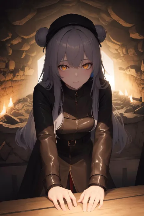 (high quality, best quality, absurdres, highres, masterpiece:1.2), (industrial northern europe, norse, wiking:1), (adult girl, 1girl, solo, yandere face:1.1), (empathetic adventurer, wearing brown leather outfit, brown fedora:1), (glowing_eyes:1), (grey_hair, very_long_hair, single_hair_bun:1), (frail body:1), (on top of dreamy catacombs:1.1), (enticing, fine, colorful:1.35),