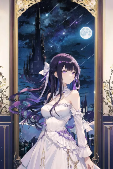 (masterpiece, best quality, novel illustration, novel cover:1.0), 1girl, mature female, tall female, kafka_hi3, long hair, purple eyes, solo, huge breasts, black hair, dress, bangs, long sleeves, purple hair, looking at viewer, ribbon, white dress, two-tone dress, black dress, small hair ribbon, tree, night, (night sky, shooting star, sky, starry sky, starry moon:1.2), (character portrait, portrait:1.0), <lora:kafka_hi3_v7:0.8>