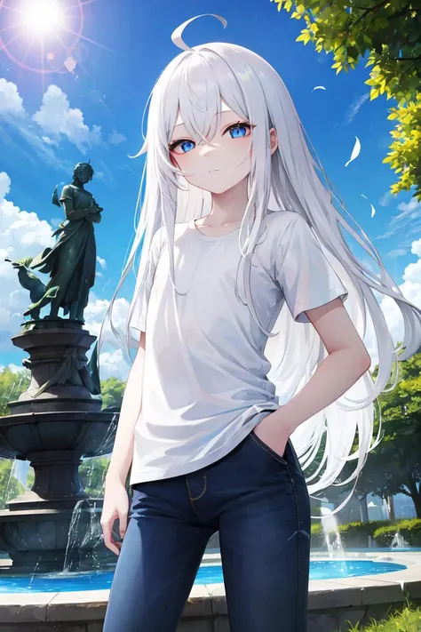 (masterpiece:1.2), best quality, (highres:1.2), (incredibly absurdres:1.4), (extremely detailed face:1.4), highly detailed eyes, sharp details, high contrast, 1girl, park, flower, trees, expressionless eyes, pale skin, white hair, (absurdly long hair:1.2), ahoge, blue eyes, (flat chest:1.5), sunny, lens flare, bokeh, light particles, pants, white tshirt, hand in pocket, blue sky, clouds, standing, half-closed eyes, statue, fountain