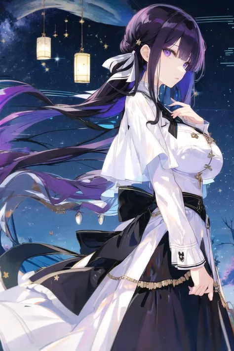 masterpiece, best quality, novel illustration, 1girl, mature female, kafka_hi3, long hair, purple eyes, solo, huge breasts, black hair, dress, bangs, long sleeves, purple hair, looking at viewer, ribbon, white dress, two-tone dress, small hair ribbon, tree, night, (night sky, star (sky), sky, starry sky, starry background:1.0), telescope, wind chime, cowboy shot, <lora:kafka_hi3_v7:0.9>