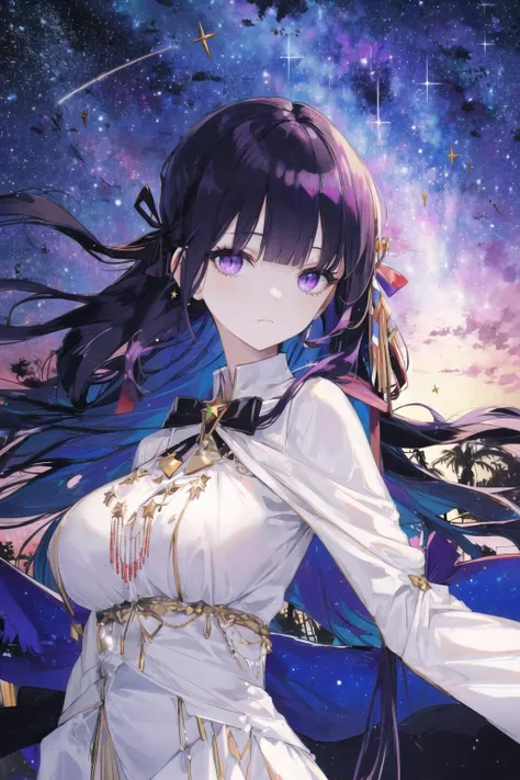 masterpiece, best quality, novel illustration, 1girl, mature female,, tall female, kafka_hi3, long hair, purple eyes, solo, huge breasts, black hair, dress, bangs, long sleeves, purple hair, looking at viewer, ribbon, white dress, two-tone dress, small hair ribbon, tree, night, (night sky, shooting star, sky, starry sky, starry background:1.1), (wind chime:1.1), (character portrait, portrait:1.0), <lora:kafka_hi3_v7:0.9>
