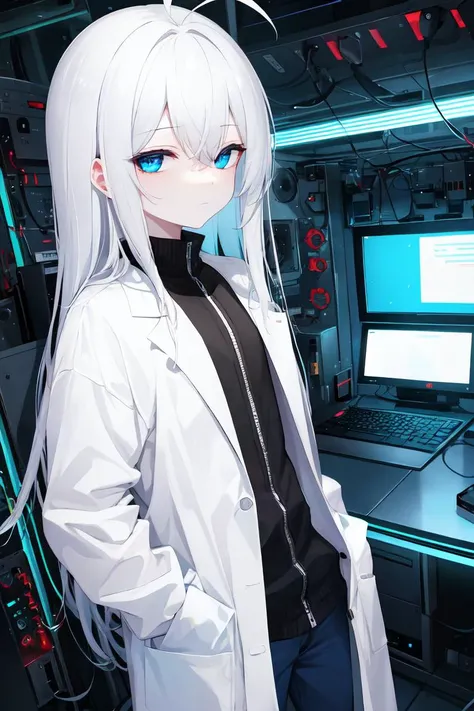 (masterpiece:1.2), best quality, (highres:1.2), pixel-perfect duplicate, (incredibly absurdres:1.4), (extremely detailed face:1.4), highly detailed eyes, sharp details, high contrast, blue eyes, expressionless eyes, pale skin, ahoge, absurdly long hair, white hair, flat chest, lab coat, laboratory, desk, computers, futuristic tech, futuristic technology, glow, half-closed eyes, cowboy shot, cables, scientific experiment, blue theme, dystopian, pants, tactical gloves, hands in pockets