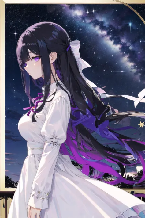 (masterpiece, best quality, novel illustration, novel cover:1.0), 1girl, mature female, tall female, kafka_hi3, long hair, purple eyes, solo, huge breasts, black hair, dress, bangs, long sleeves, purple hair, looking at viewer, ribbon, white dress, two-tone dress, small hair ribbon, tree, night, (night sky, shooting star, sky, starry sky:1.1), (wind chime:1.1), (character portrait, portrait:1.0), <lora:kafka_hi3_v7:0.9>