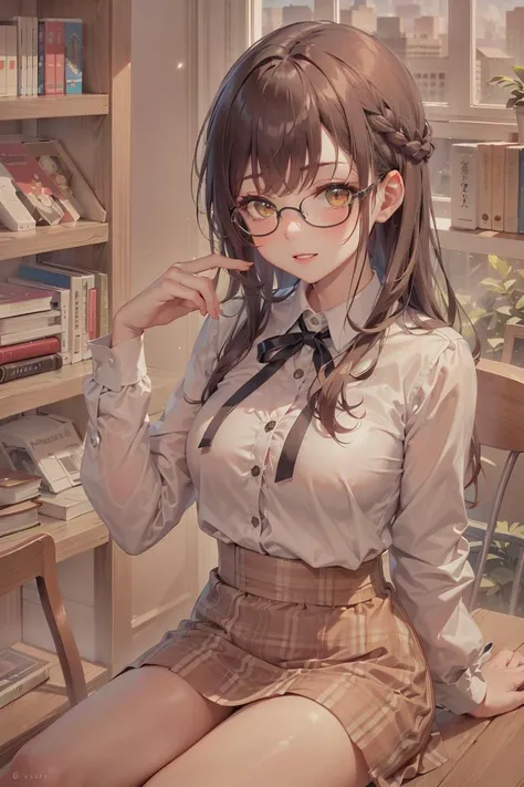 (masterpiece, best quality), 1girl, solo, mature female, brown hair, low-braided long hair, wavy hair, yellow eyes, parted bangs, sidelocks, large sagging breasts, long eyelashes, black-framed round eyewear, white dress shirt, black neck ribbon, black high-waist skirt, underbust, looking at viewer, light blush, parted lips, light smile, shushing, library, bookshelf, desk, chair, window, light rays, light particles, sitting, on chair, open book, upper body, from above, sexually suggestive,