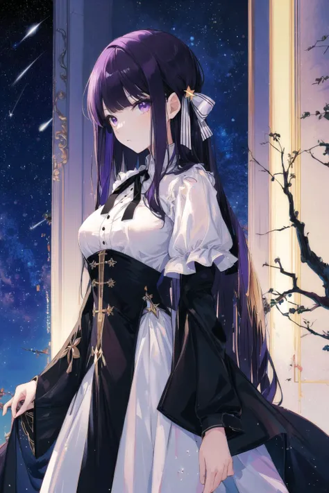 (masterpiece, best quality, novel illustration, novel cover:1.0), 1girl, mature female, tall female, kafka_hi3, long hair, purple eyes, solo, huge breasts, black hair, dress, bangs, long sleeves, purple hair, looking at viewer, ribbon, white dress, two-tone dress, black dress, small hair ribbon, tree, night, (night sky, shooting star, sky, starry sky, starry moon:1.2), (character portrait, portrait:1.0), <lora:kafka_hi3_v7:0.8>