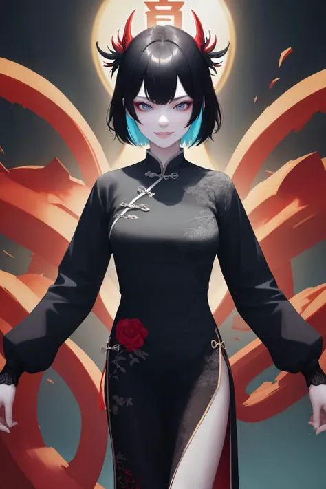 (high quality, best quality, absurdres, highres, masterpiece:1.2), (digital age china, chinese:1), (young adult woman, 1girl, solo, evil_smile:1.1), (technological commoner, wearing common clothes:1), (rolling_eyes:1), (multicolored_hair, short_hair, flipped_hair:1), (frail body:1), (on strange utopia:1.1),