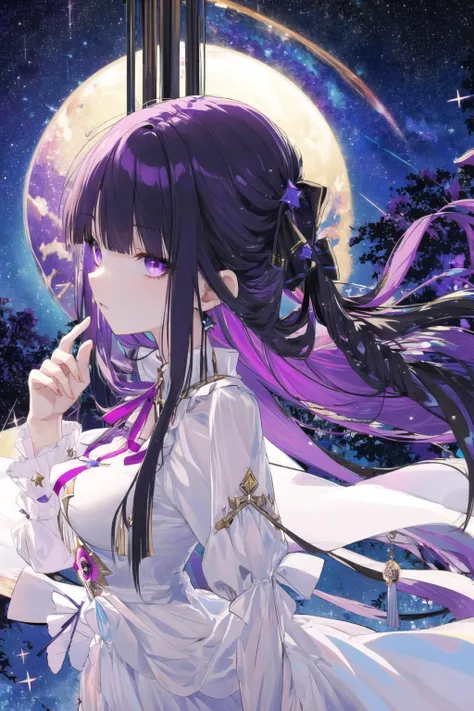 masterpiece, best quality, novel illustration, 1girl, mature female,, tall female, kafka_hi3, long hair, purple eyes, solo, huge breasts, black hair, dress, bangs, long sleeves, purple hair, looking at viewer, ribbon, white dress, two-tone dress, small hair ribbon, tree, night, (night sky, shooting star, sky, starry sky, starry background:1.1), (wind chime:1.1), (character portrait, portrait:1.0), <lora:kafka_hi3_v7:0.9>