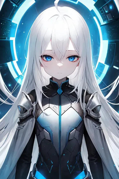 (masterpiece:1.2), best quality, (highres:1.2), (incredibly absurdres:1.4), (extremely detailed face:1.4), high contrast, 1girl, solo, expressionless eyes, pale skin, white hair, (absurdly long hair:1.2), ahoge, blue eyes, flat chest, otherworldly atmosphere, white bodysuit, armored, futuristic vest, half-closed eyes, dystopian, glow, blue magic, standing, destruction, giant gate, portal, otherworldy technology, long coat, blue energy, aura, powerful, cloak
