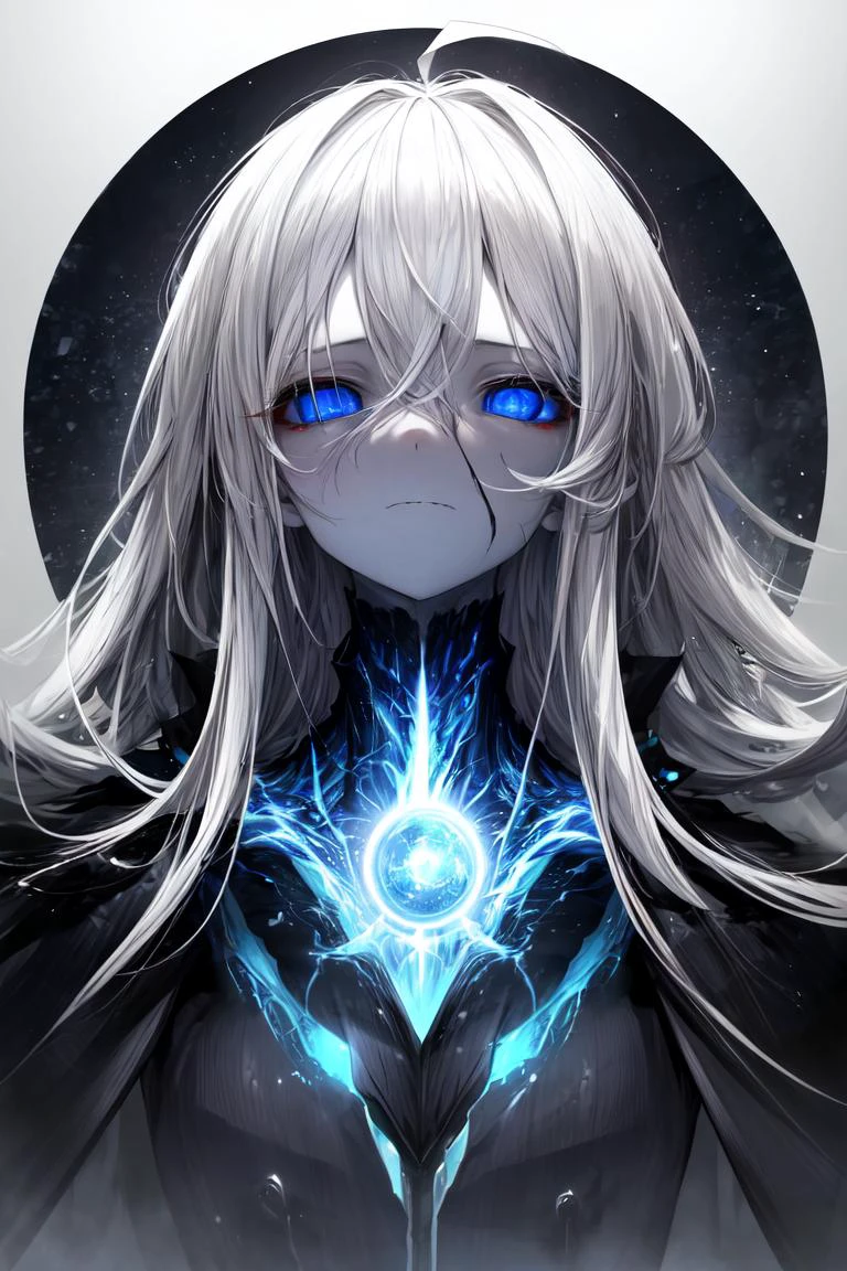 (masterpiece:1.2), best quality, (highres:1.2), (incredibly absurdres:1.4), (extremely detailed face:1.4), high contrast, 1girl, solo, expressionless eyes, pale skin, white hair, (absurdly long hair:1.2), (ahoge:1.1), blue eyes, flat chest, otherworldly atmosphere, white bodysuit, armored, futuristic vest, half-closed eyes, dystopian, glow, blue magic, standing, destruction, giant gate, portal, otherworldy technology, long coat, blue energy, aura, powerful, cloak, crazy eyes, <lora:Gloomifier_TheDread_V1_LECO:1>, <lora:add_detail:1>
