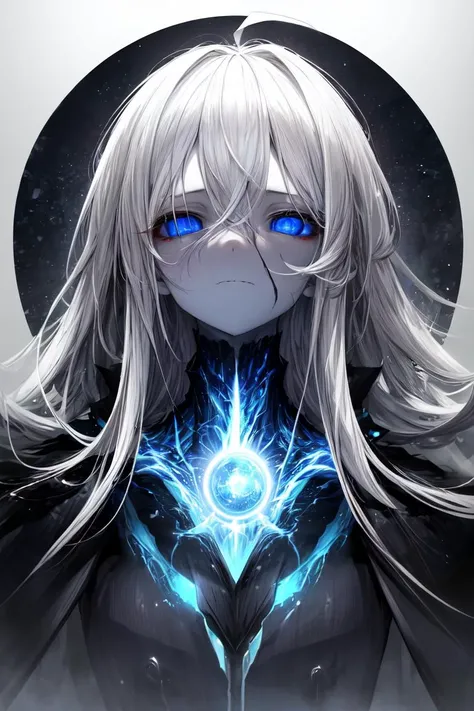 (masterpiece:1.2), best quality, (highres:1.2), (incredibly absurdres:1.4), (extremely detailed face:1.4), high contrast, 1girl, solo, expressionless eyes, pale skin, white hair, (absurdly long hair:1.2), (ahoge:1.1), blue eyes, flat chest, otherworldly atmosphere, white bodysuit, armored, futuristic vest, half-closed eyes, dystopian, glow, blue magic, standing, destruction, giant gate, portal, otherworldy technology, long coat, blue energy, aura, powerful, cloak, crazy eyes, <lora:Gloomifier_TheDread_V1_LECO:1>, <lora:add_detail:1>
