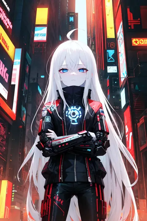 (masterpiece:1.2), best quality, (highres:1.2), (incredibly absurdres:1.4), (extremely detailed face:1.4), highly detailed eyes, sharp details, high contrast, 1girl, expressionless eyes, pale skin, white hair, (absurdly long hair:1.2), ahoge, blue eyes, flat chest, cyberpunk, neon, rtx, cyberpunk jacket, cyberpunk pants, night, dark, glow, standing, half-closed eyes, (arms crossed:1.2), cyberpunk scenery, cowboy shot, cybernetic, futuristic