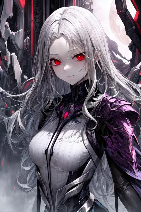 (masterpiece:1.2), best quality, (highres:1.2), (incredibly absurdres:1.4), (extremely detailed face:1.4), high contrast, 1girl, solo, silver hair, long hair, (wavy hair:1.2), (forehead:1.2), red eyes, medium breasts, otherworldly atmosphere, white bodysuit, armored, futuristic vest, half-closed eyes, dystopian, glow, purple magic, standing, destruction, giant gate, portal, otherworldy technology, long coat, purple energy, aura, powerful, cloak, smile, <lora:Gloomifier_TheDread_V1_LECO:1>, <lora:add_detail:1>