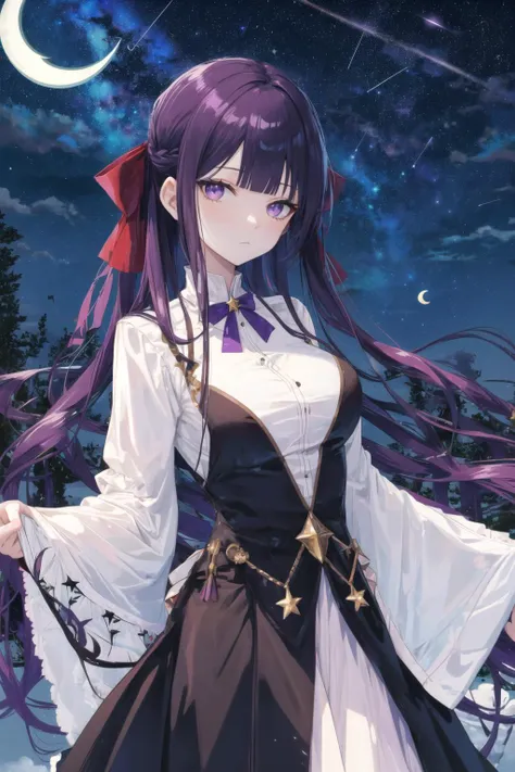 (masterpiece, best quality, novel illustration:1.0), 1girl, mature female, tall female, kafka_hi3, long hair, purple eyes, solo, huge breasts, black hair, dress, bangs, long sleeves, purple hair, looking at viewer, white dress, two-tone dress, black dress, small hair ribbon, tree, night, (night sky, shooting star, sky, starry sky, starry moon, crescent moon:1.2), (character portrait, portrait:1.0), <lora:kafka_hi3_v8:0.8>