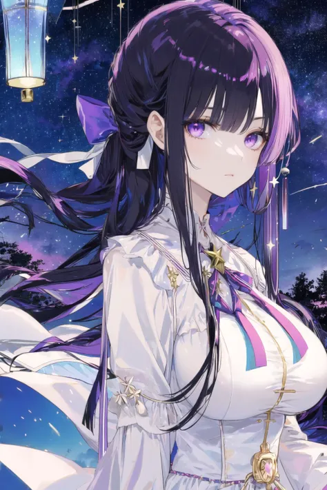 masterpiece, best quality, novel illustration, 1girl, mature female,, tall female, kafka_hi3, long hair, purple eyes, solo, huge breasts, black hair, dress, bangs, long sleeves, purple hair, looking at viewer, ribbon, white dress, two-tone dress, small hair ribbon, tree, night, (night sky, shooting star, sky, starry sky, starry background:1.1), ( sky lantern, wind chime:1.1), (character portrait, portrait:1.1), <lora:kafka_hi3_v7:0.9>