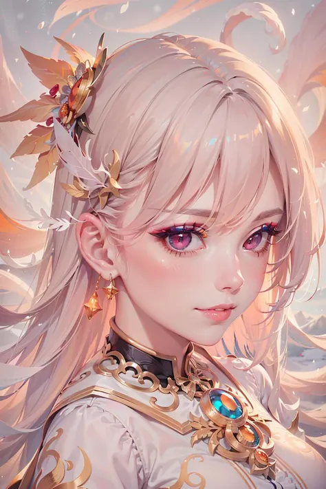 1girl,moyou,realistic,masterpiece, best quality, 1girl, smile, golden and orange swirling vortexes colourful cloudy and smoke and colorful background, (snowing) (( swirling vortexes colourful hair)), wear white fur coat, ((long Hair)), ((right side)), emotional face, close up, studio light, studio, (((makeup portrait, pink eye shadow))), ((with many golden and orange swirling vortexes colourful snow and feather on face))