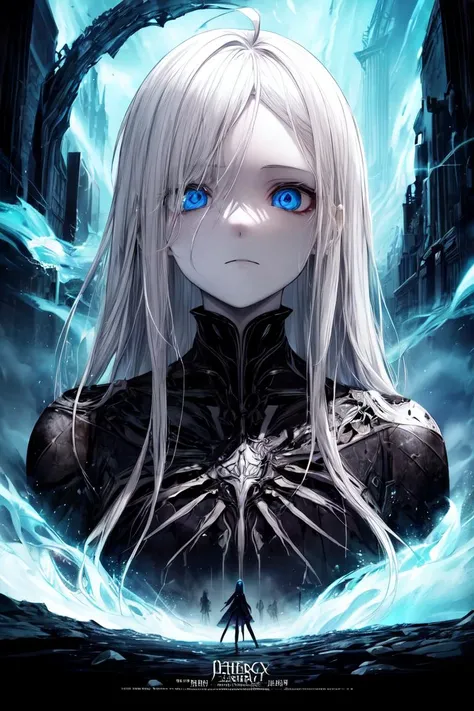 (masterpiece:1.2), best quality, (highres:1.2), (incredibly absurdres:1.4), (extremely detailed face:1.4), high contrast, 1girl, solo, expressionless eyes, pale skin, white hair, (absurdly long hair:1.2), (ahoge:1.1), blue eyes, flat chest, otherworldly atmosphere, white bodysuit, armored, futuristic vest, half-closed eyes, dystopian, glow, blue magic, standing, destruction, giant gate, portal, otherworldy technology, long coat, blue energy, aura, powerful, cloak, ( poster:1.2), <lora:Gloomifier_TheDread_V1_LECO:1>, <lora:add_detail:1>
