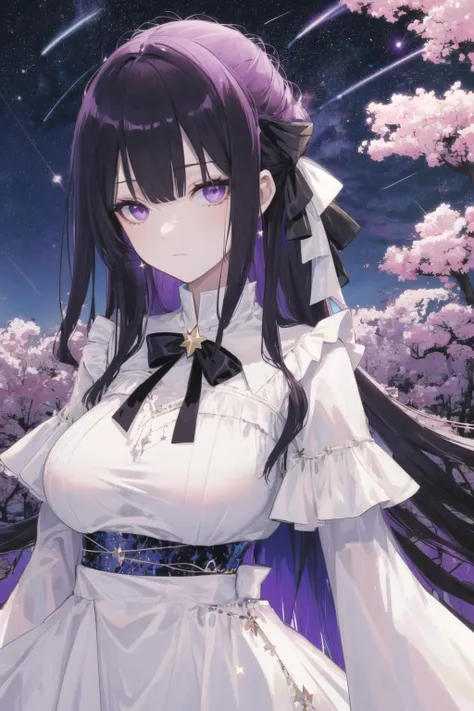 (masterpiece, best quality, novel illustration, novel cover:1.0), 1girl, mature female, tall female, kafka_hi3, long hair, purple eyes, solo, huge breasts, black hair, dress, bangs, long sleeves, purple hair, looking at viewer, ribbon, white dress, two-tone dress, black dress, small hair ribbon, tree, night, (night sky, shooting star, sky, starry sky, starry moon:1.2), (character portrait, portrait:1.0), <lora:kafka_hi3_v8:0.8>