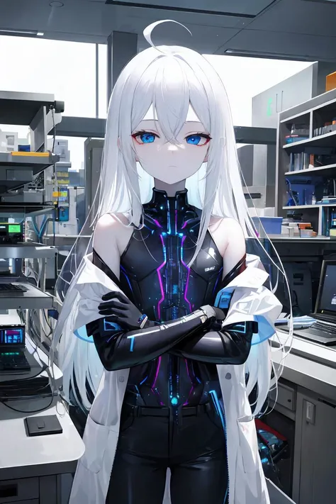 (masterpiece:1.2), best quality, (highres:1.2), pixel-perfect duplicate, (incredibly absurdres:1.4), (extremely detailed face:1.4), highly detailed eyes, sharp details, high contrast, blue eyes, expressionless eyes, pale skin, ahoge, absurdly long hair, white hair, flat chest, off-shoulder lab coat, laboratory, desk, computers, futuristic tech, futuristic technology, glow, half-closed eyes, cowboy shot, cables, scientific experiment, blue theme, dystopian, pants, tactical gloves, arms crossed