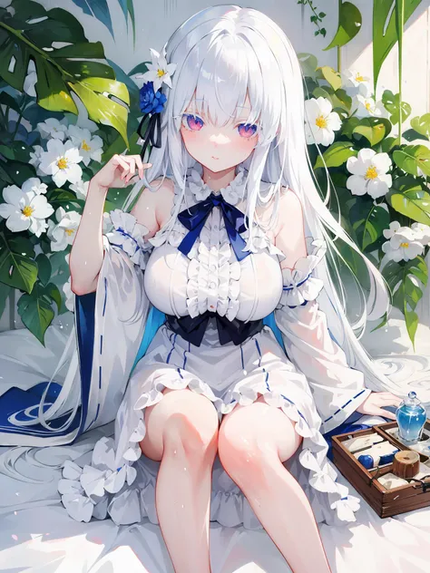 albino-style, illyasviel von einzbern, ((masterpiece, best quality, highres, distinct_image)), extremely beautiful and delicate, extremely detailed, intricate detail, full body, 1girl, solo, short stack, huge breasts, blonde hair, straight hair, red eyes, mahou shoujo, vivid colors, colorful, bloom, sky, detailed face, detailed ornament, detailed frills, <lora:XL_Illyasviel von einzbern:1>