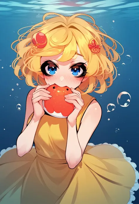 score_9, score_8_up, score_7_up, BREAK
sachiko, 1girl, yellow dress, eating, hair ornament, bubble, blush, fish, blonde hair, blue eyes, looking at viewer, dress, short hair, underwater