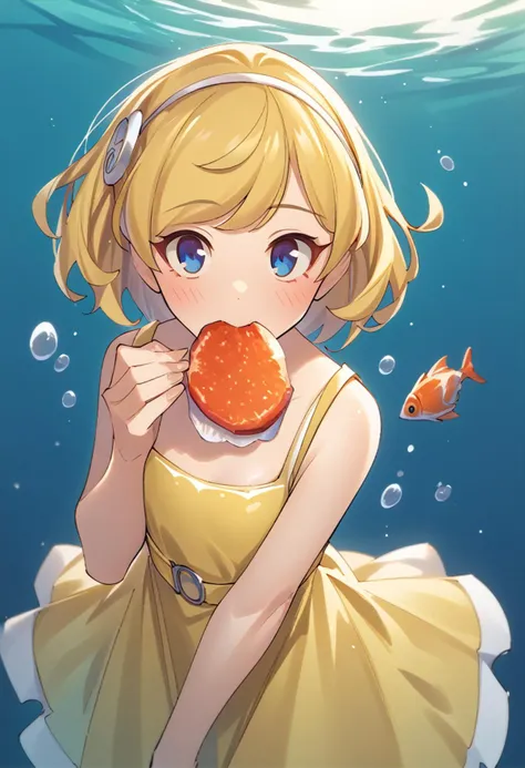 score_9, score_8_up, score_7_up, BREAK
Popqn, 1girl, yellow dress, eating, hair ornament, bubble, blush, fish, blonde hair, blue eyes, looking at viewer, dress, short hair, underwater