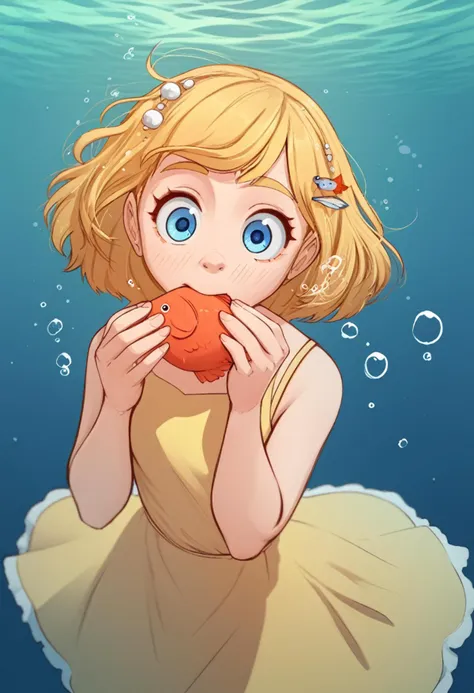 score_9, score_8_up, score_7_up, BREAK
bigpeachs, 1girl, yellow dress, eating, hair ornament, bubble, blush, fish, blonde hair, blue eyes, looking at viewer, dress, short hair, underwater