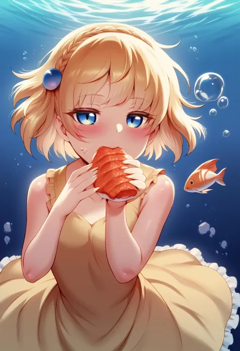 score_9, score_8_up, score_7_up, BREAK
mdast, 1girl, yellow dress, eating, hair ornament, bubble, blush, fish, blonde hair, blue eyes, looking at viewer, dress, short hair, underwater