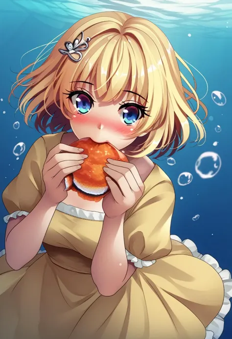 score_9, score_8_up, score_7_up, BREAK
mikan_\(5555\), 1girl, yellow dress, eating, hair ornament, bubble, blush, fish, blonde hair, blue eyes, looking at viewer, dress, short hair, underwater