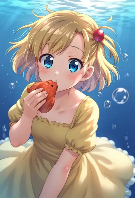 score_9, score_8_up, score_7_up, BREAK
kamogawatanuki, 1girl, yellow dress, eating, hair ornament, bubble, blush, fish, blonde hair, blue eyes, looking at viewer, dress, short hair, underwater