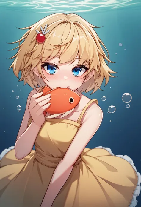 score_9, score_8_up, score_7_up, BREAK
5danny1206, 1girl, yellow dress, eating, hair ornament, bubble, blush, fish, blonde hair, blue eyes, looking at viewer, dress, short hair, underwater