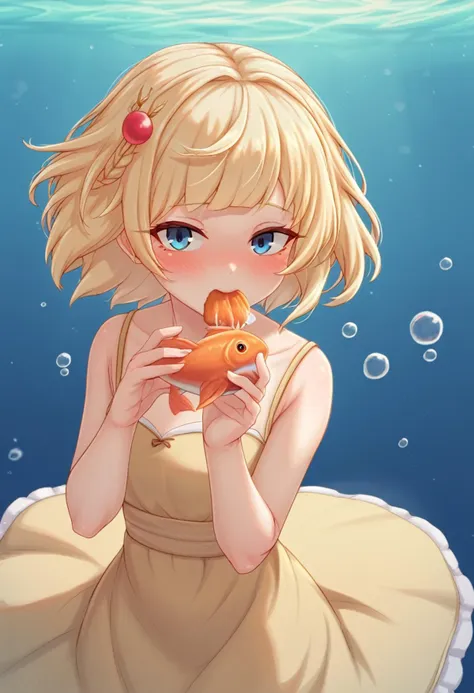 score_9, score_8_up, score_7_up, BREAK
Creamcod, 1girl, yellow dress, eating, hair ornament, bubble, blush, fish, blonde hair, blue eyes, looking at viewer, dress, short hair, underwater