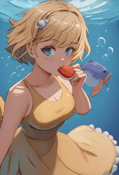 score_9, score_8_up, score_7_up, BREAK
miraih, 1girl, yellow dress, eating, hair ornament, bubble, blush, fish, blonde hair, blue eyes, looking at viewer, dress, short hair, underwater