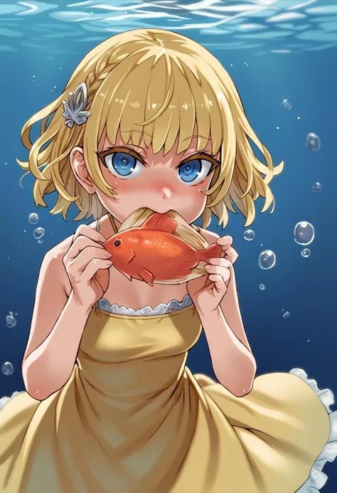 score_9, score_8_up, score_7_up, BREAK
asanagi, 1girl, yellow dress, eating, hair ornament, bubble, blush, fish, blonde hair, blue eyes, looking at viewer, dress, short hair, underwater