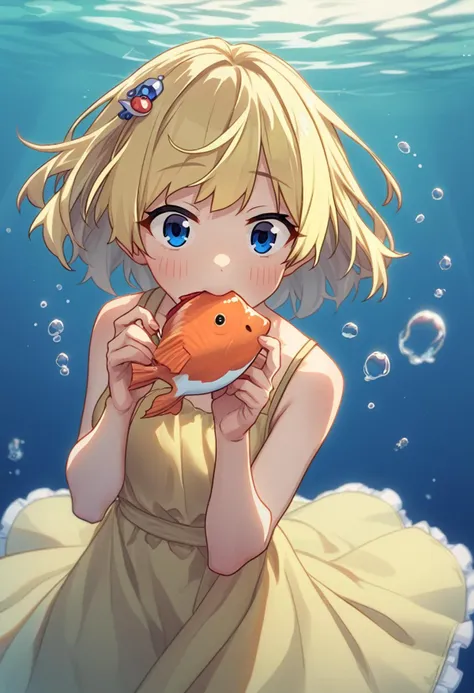 score_9, score_8_up, score_7_up, BREAK
baffu, 1girl, yellow dress, eating, hair ornament, bubble, blush, fish, blonde hair, blue eyes, looking at viewer, dress, short hair, underwater