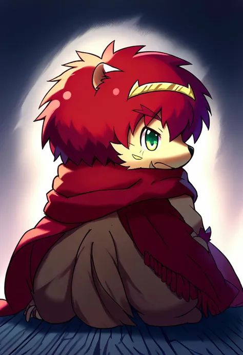radia (arukemo main character), lion, red scarf of radia, yellow hairband of radia, furry, solo, full body, score_9, score_8_up, score_7_up, zPDXL3, zuppu11, flx$tyl3, green eyes