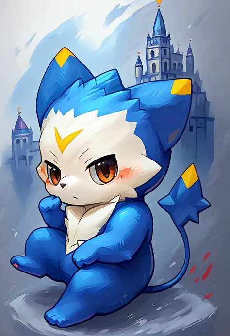 score_9, score_8_up, score_7_up, dimo, chibi, mascot, full body, solo, pokemon_(creature), looking at viewer, blush, no humans, castle background, furry, zPDXL3, fluxPaint, lv1rubili