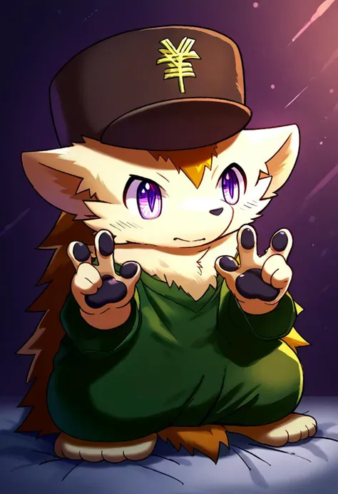 inaho (arukemo main character), hedgehog, yellow fur, hat with japanese yen sign, furry, solo, full body, score_9, score_8_up, score_7_up, zPDXL3, zuppu11, flx$tyl3, purple eyes