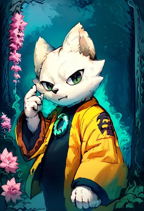 score_9, score_8_up, score_7_up, yi, solo, looking at viewer, yellow coat, coat long sleeves, wide sleeves, robe, haori, body suit, white fur, green ring on chest, animal ears, furry, furry male, black eyes, body fur, no mouths, fangs, cherry blossom forest background, zPDXL3, fluxPaint, lv1rubili