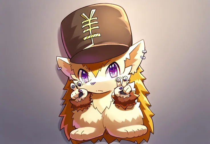 inaho (arukemo main character), hedgehog, yellow fur, hat with japanese yen sign, furry, solo, full body, score_9, score_8_up, score_7_up, zPDXL3, lv1rubili, flx$tyl3, purple eyes, lying