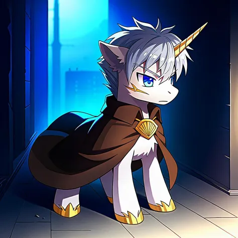 shiero (arukemo extra character), unicorn, pony, 1boy, animalization, city background, brown cape, cape, full body, grey hair, horns, male focus, no humans, single horn, solo, standing, blue eyes, cape of shiero, score_9, score_8_up, score_7_up, zPDXL3, Expressiveh