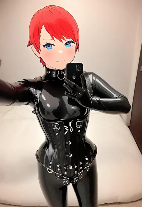 Felecia Manning (fictional character) , a cute young woman, short bright red hair, blue eyes, in black leather bodysuit, long sleeves, black rubber gloves, corset, HW_Corset, collar, solo. indoors, Selfie, standing,standing,