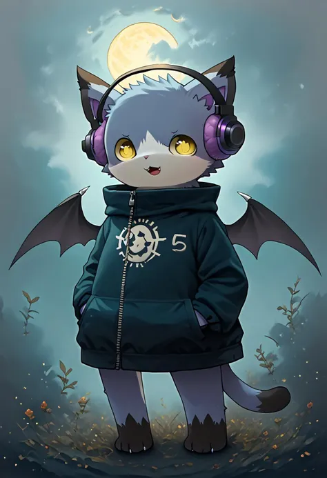 score_9_up, score_8_up, score_7_up, Vampire_Layla, solo, looking at viewer, smile, open mouth, standing, yellow eyes, wings, no humans, headphones, cat, moonlight, fullmoon, furry, claws, kuru_kuru, zPDXL3, fluxPaint, full body