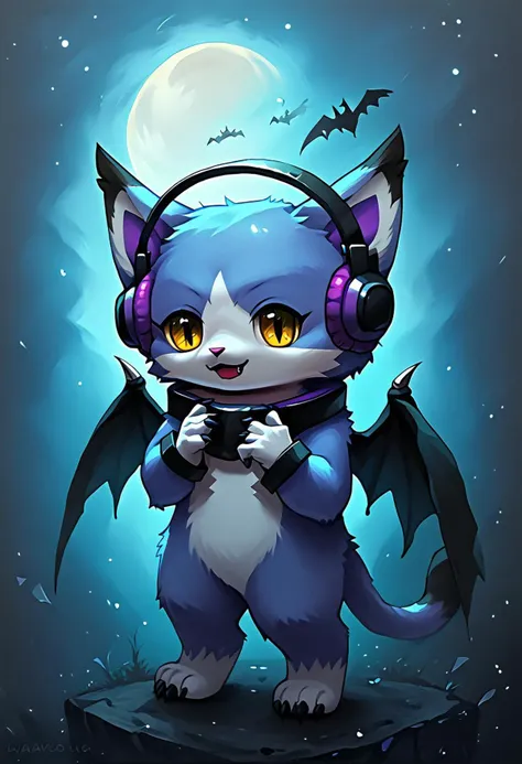 score_9_up, score_8_up, score_7_up, Vampire_Layla, solo, looking at viewer, smile, open mouth, standing, yellow eyes, wings, no humans, headphones, cat, moonlight, fullmoon, furry, claws, lv1rubili, zPDXL3, fluxPaint, full body