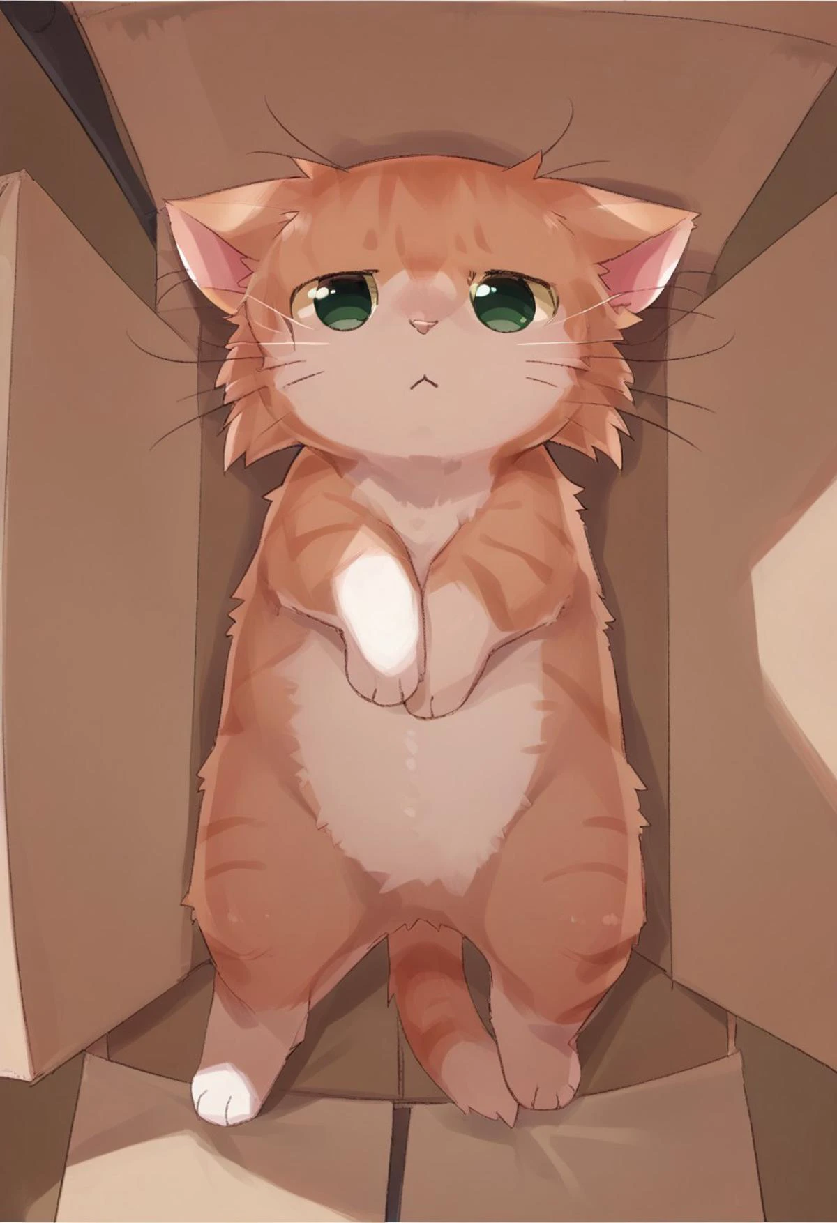 watashigu, animal, animal focus, cardboard box, cat, from above, full body, green eyes, indoors, looking at viewer, lying, no humans, on back, solo, whiskers, score_9, score_8_up, score_7_up